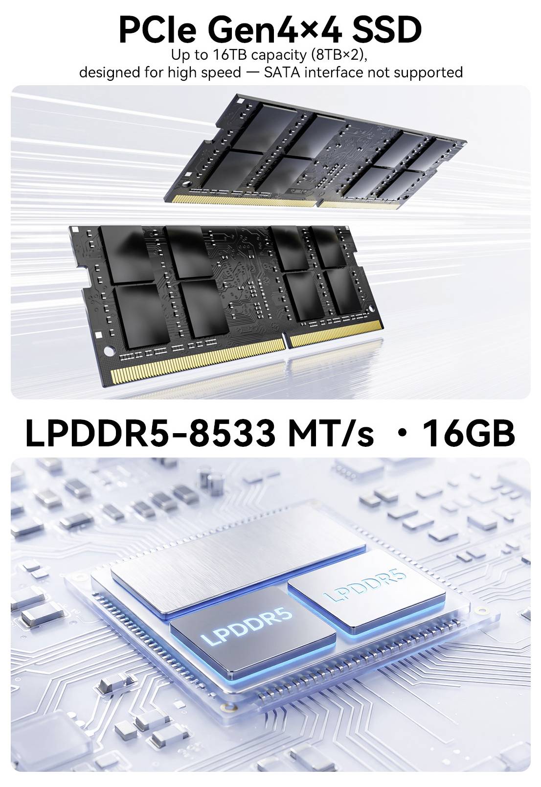 Vergleichsgrafik mit einer PCIe Gen4x4 SSD mit bis zu 16TB Kapazität und ohne SATA-Unterstützung oben und einem LPDDR5-Speichermodul mit der Bezeichnung „LPDDR5-8533 MT/s • 16GB