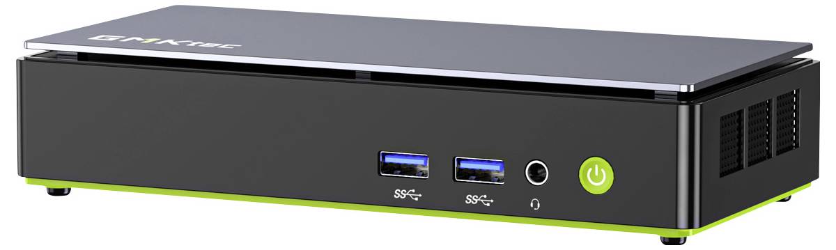 Schwarzer Mini-PC oder Media-Player mit USB-Anschlüssen an der Vorderseite, Kopfhöreranschluss und grünem Netzschalter auf schmalem schwarzem und grünem Sockel.