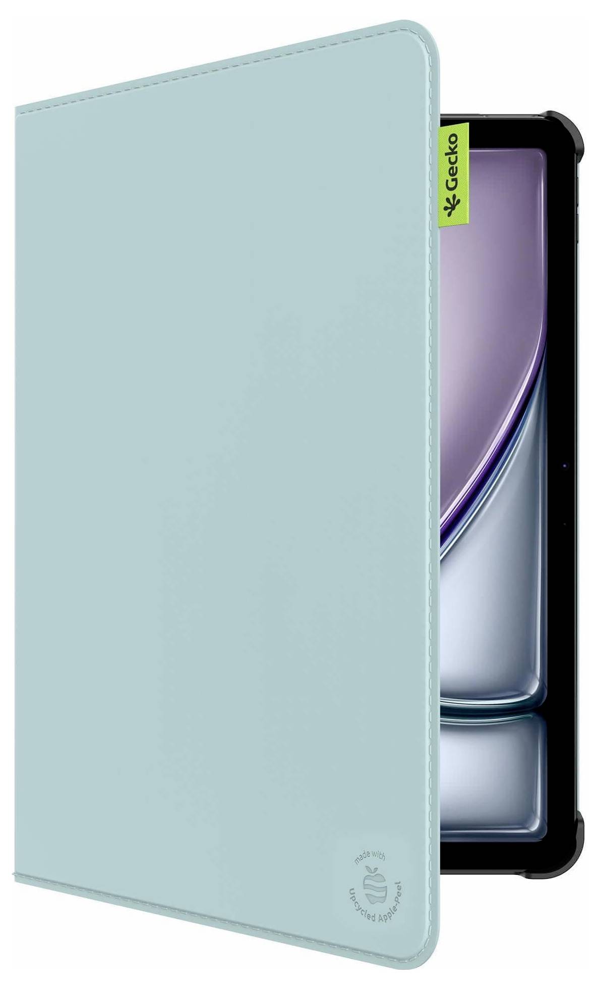 Hellblaue Tablet-Folio-Hülle mit einem teilweise eingeführten Samsung-Tablet, das die Bildschirmkante und einen grünen „Gecko