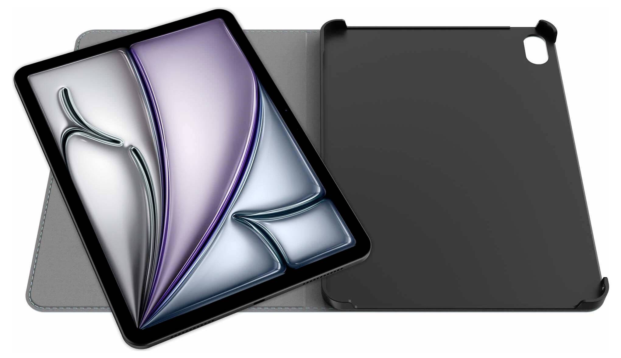 Tablet mit grauem Klappetui, links aufgeklappt und rechts zugeklappt dargestellt, mit schwarzem Kameraausschnitt.