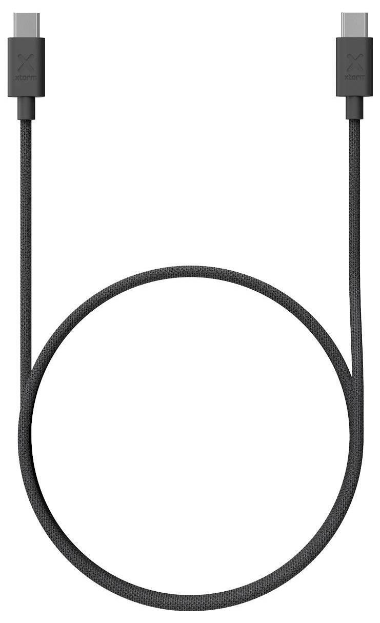 Schwarzes USB-C-Kabel, das in einer Schleife aufgerollt dargestellt wird, mit Anschlüssen an beiden Enden auf weißem Hintergrund.