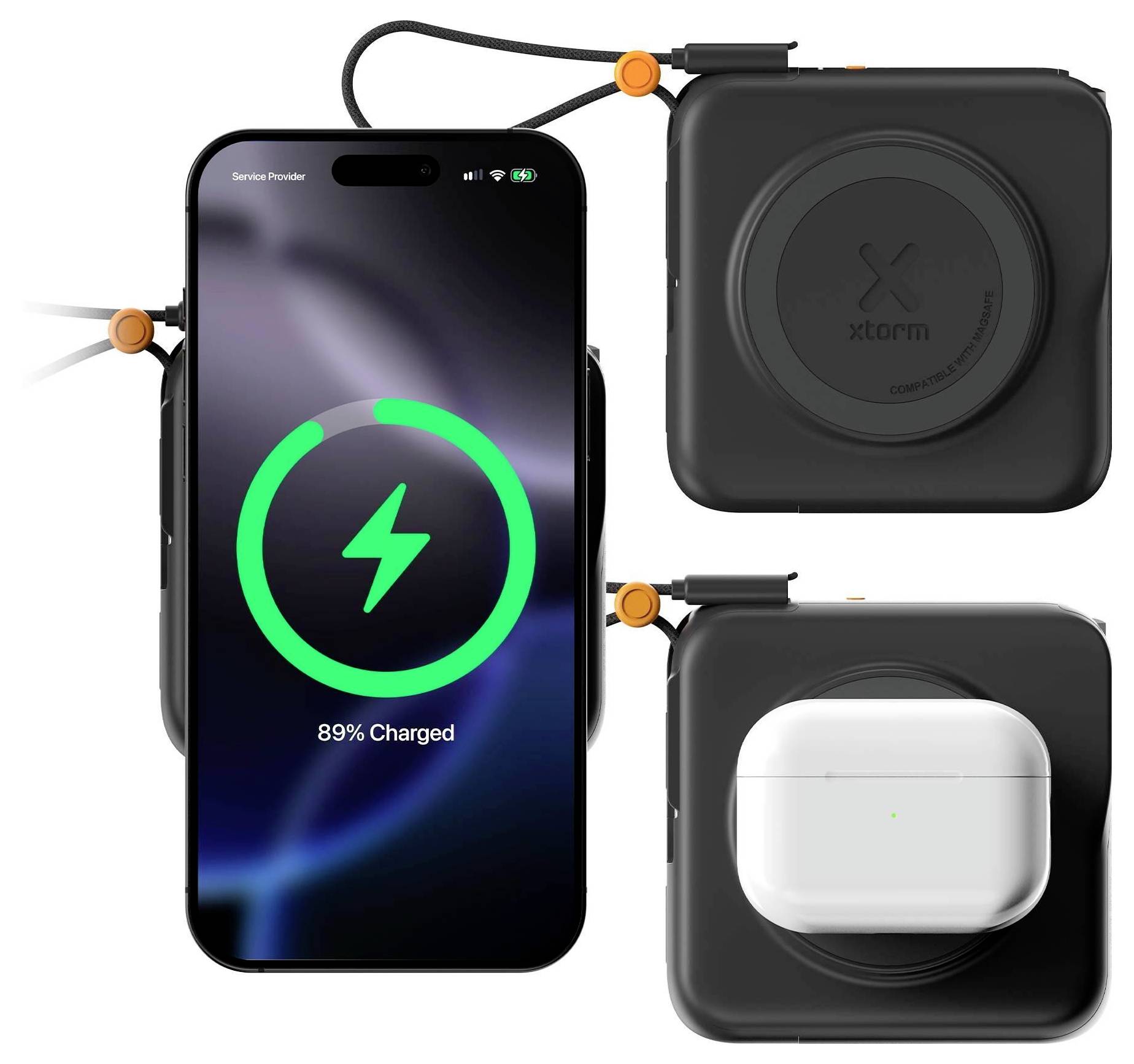 Kabelloses Ladegerät mit einem Telefon bei 89% Akkuladung und einem weißen Kopfhörertaschengehäuse, das gleichzeitiges Laden von Geräten zeigt.