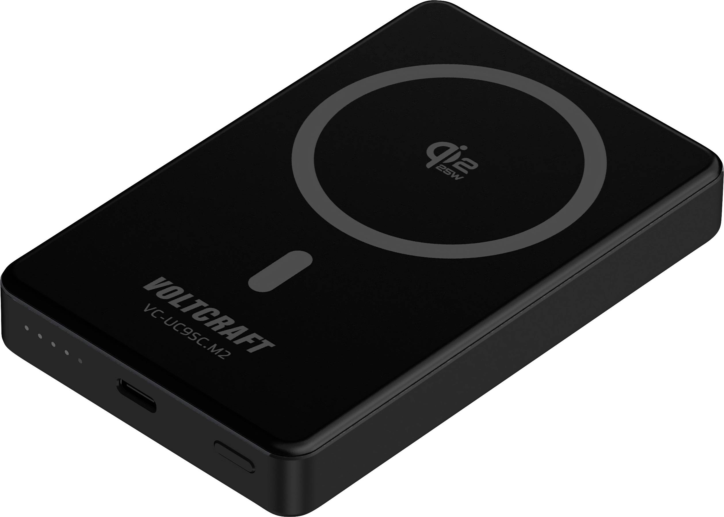 Schwarze VOLTCRAFT kabellose Powerbank mit Qi-Ladepad und USB-C-Anschluss