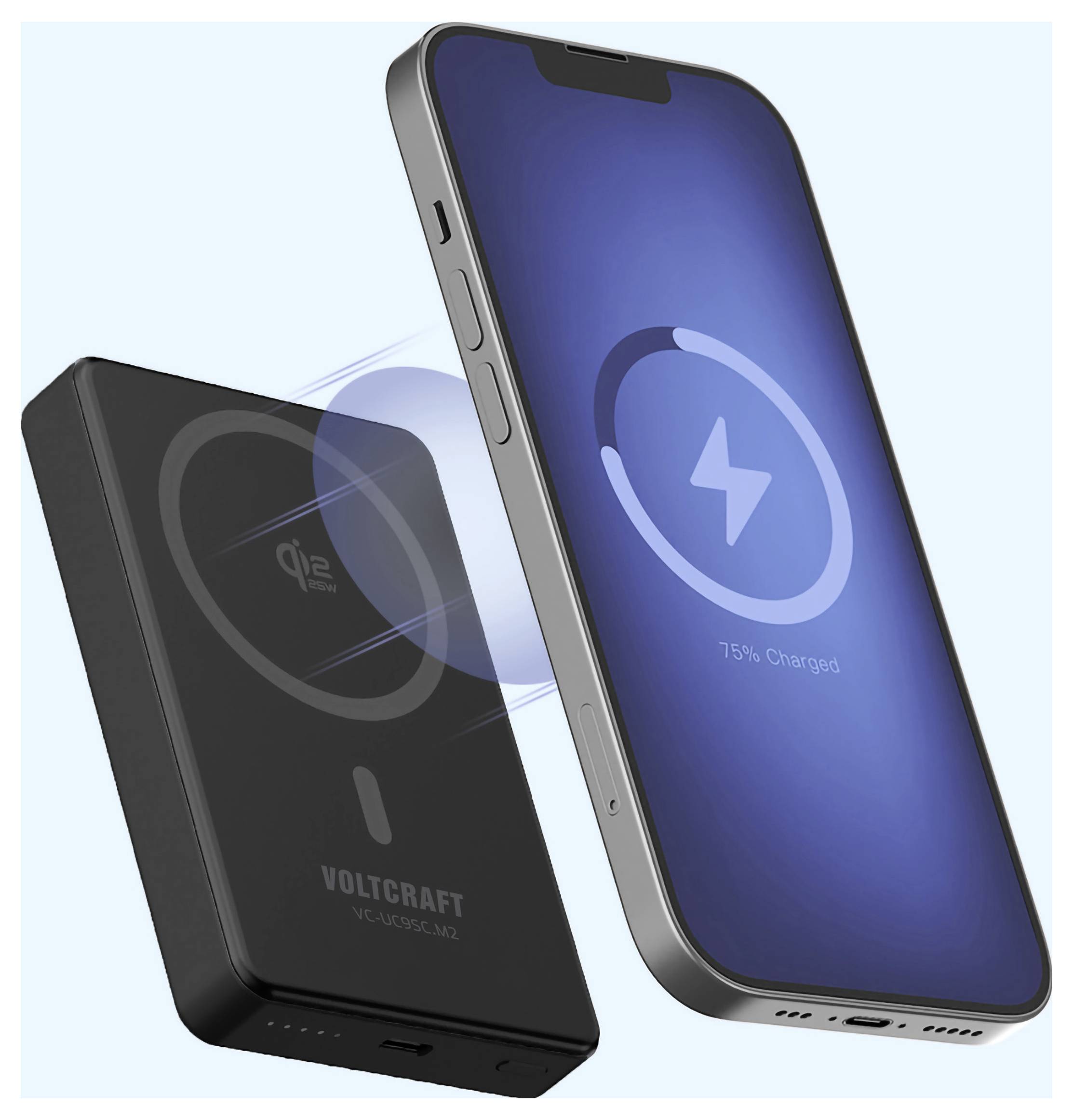 VOLTCRAFT VC-UC9SC.M2 Powerbank 10000 mAh Qi 2.2, USB PD 3.0 Li-Ion Schwarz/Silber