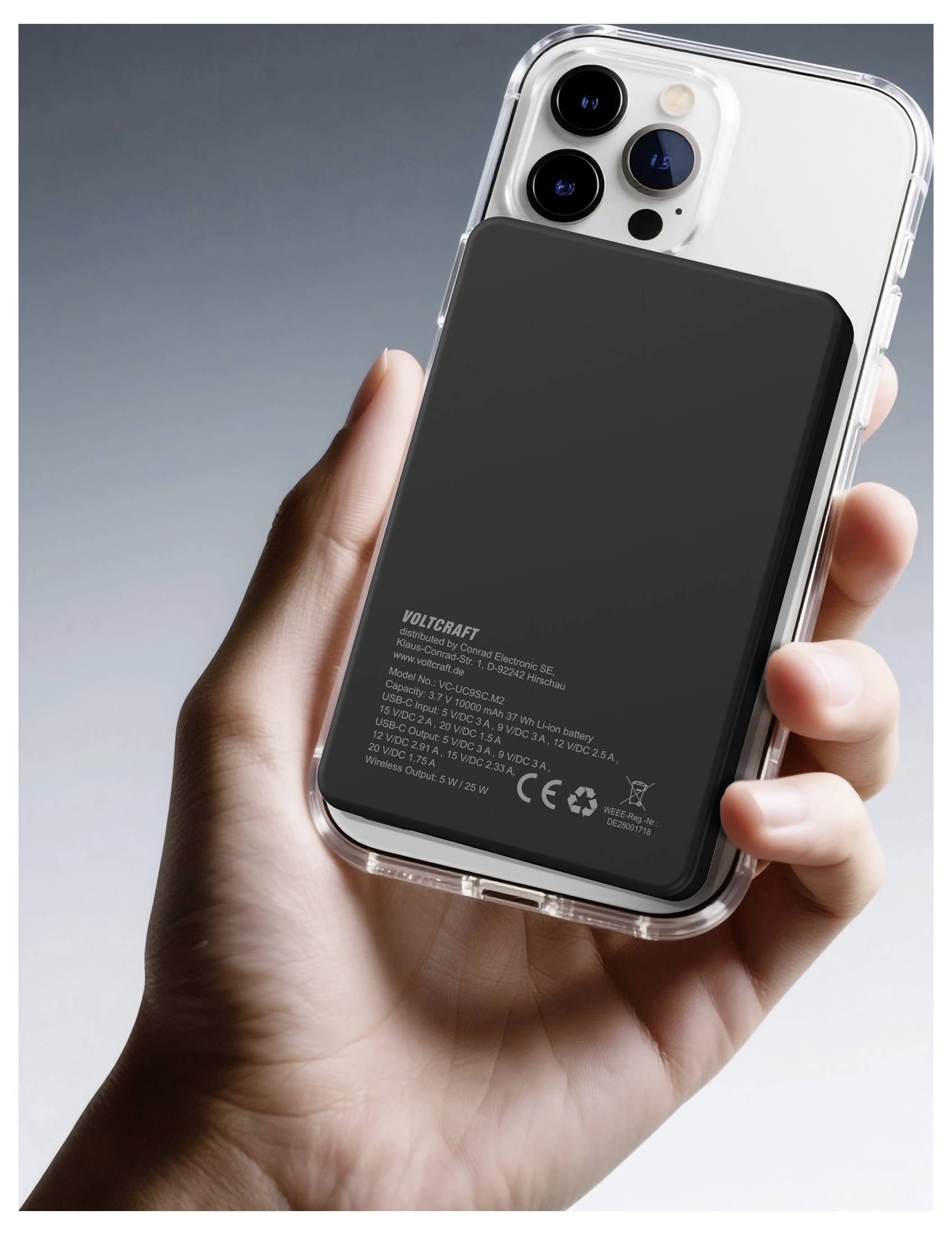 VOLTCRAFT VC-UC9SC.M2 Powerbank 10000 mAh Qi 2.2, USB PD 3.0 Li-Ion Schwarz/Silber