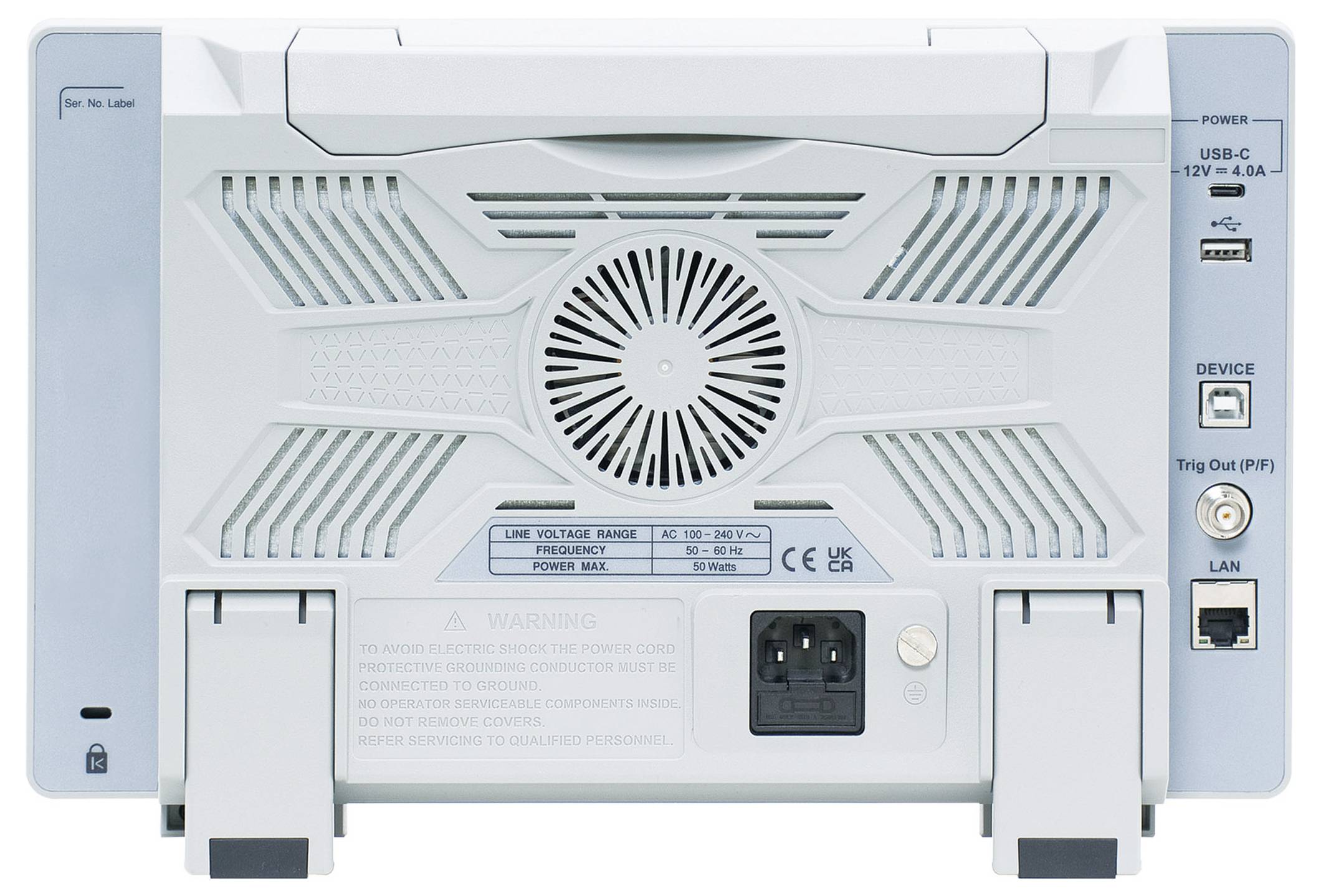 Rückansicht eines weißen Monitors mit Belüftungsgittern, Stromeingangsbuchse, USB-C- und USB-Anschlüssen, Gerät, Triggereingang und LAN-Verbindungen.