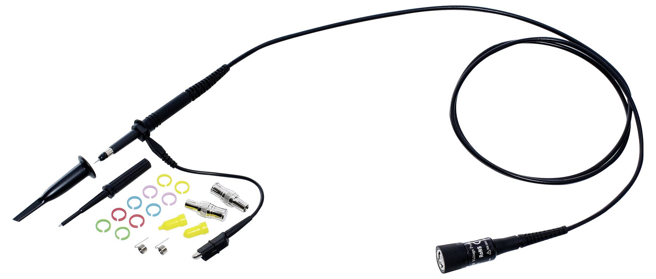 Schwarze elektronische Messleitungen mit austauschbaren farbigen Klipp-Zubehör und Steckverbindern auf weißem Hintergrund.