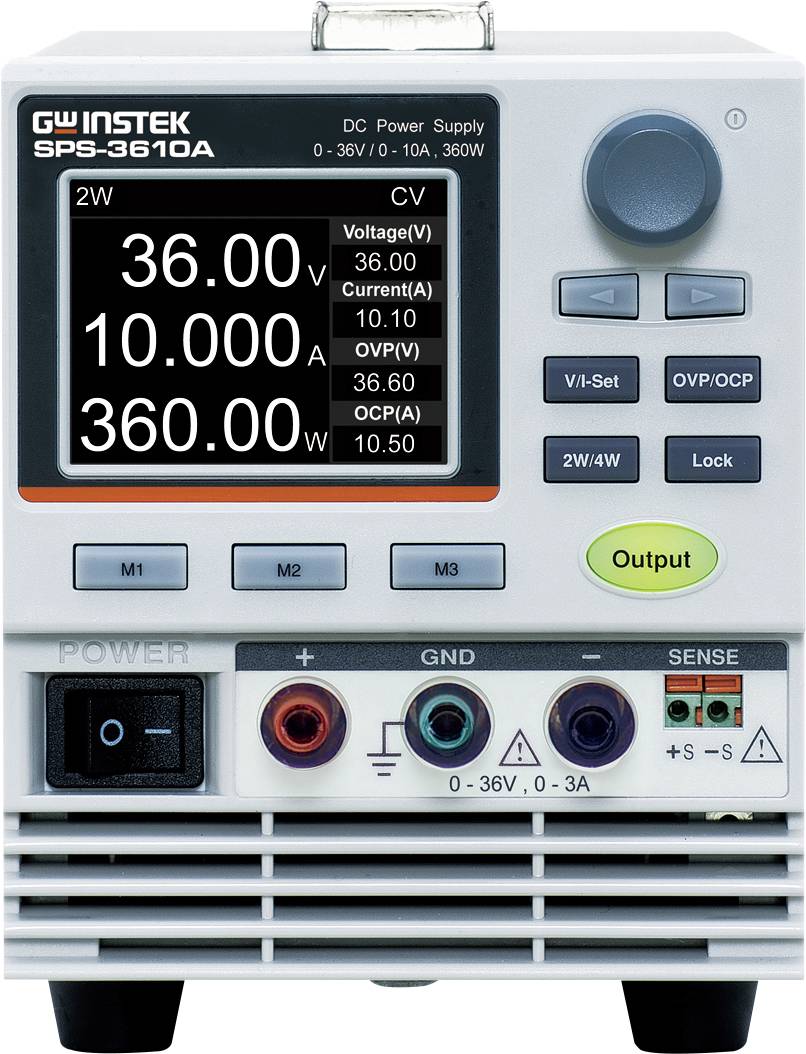 Vorderansicht eines GW Instek SPS-3610A Gleichstromnetzteil mit 36,00 V, 10,000 A und 360,00 W auf dem Display, mit Ausgabe- und Steuertasten.