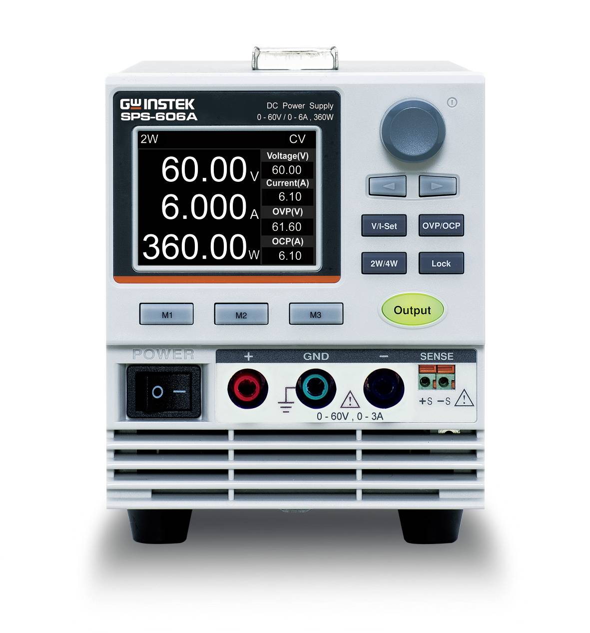 Vorderansicht eines GW Instek SPS-606A Gleichstromnetzteil mit digitaler Anzeige und Bedienungselementen, mit Spannungs-, Strom- und Stromanschlüssen.