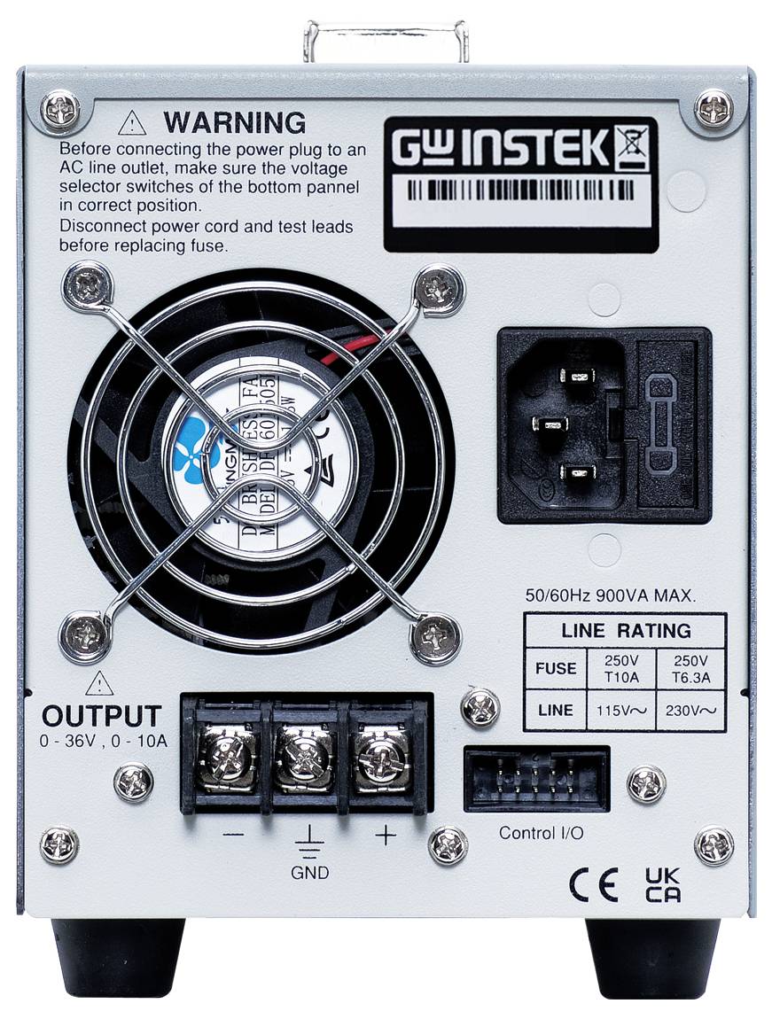 Rückseite eines GW Instek Netzteils mit Warnschild, Kühlventilator, AC-Eingang, Ausgangsklemmen und Angaben zur Nennleistung.