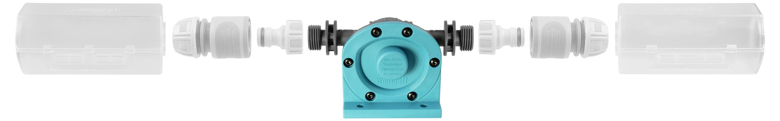 Zentrales türkisfarbenes mechanisches Pumpen- oder Ventilbaugruppe mit schwarzen Befestigungselementen, verbunden mit durchsichtigen Schlauchverschraubungen auf beiden Seiten vor weißem Hintergrund.