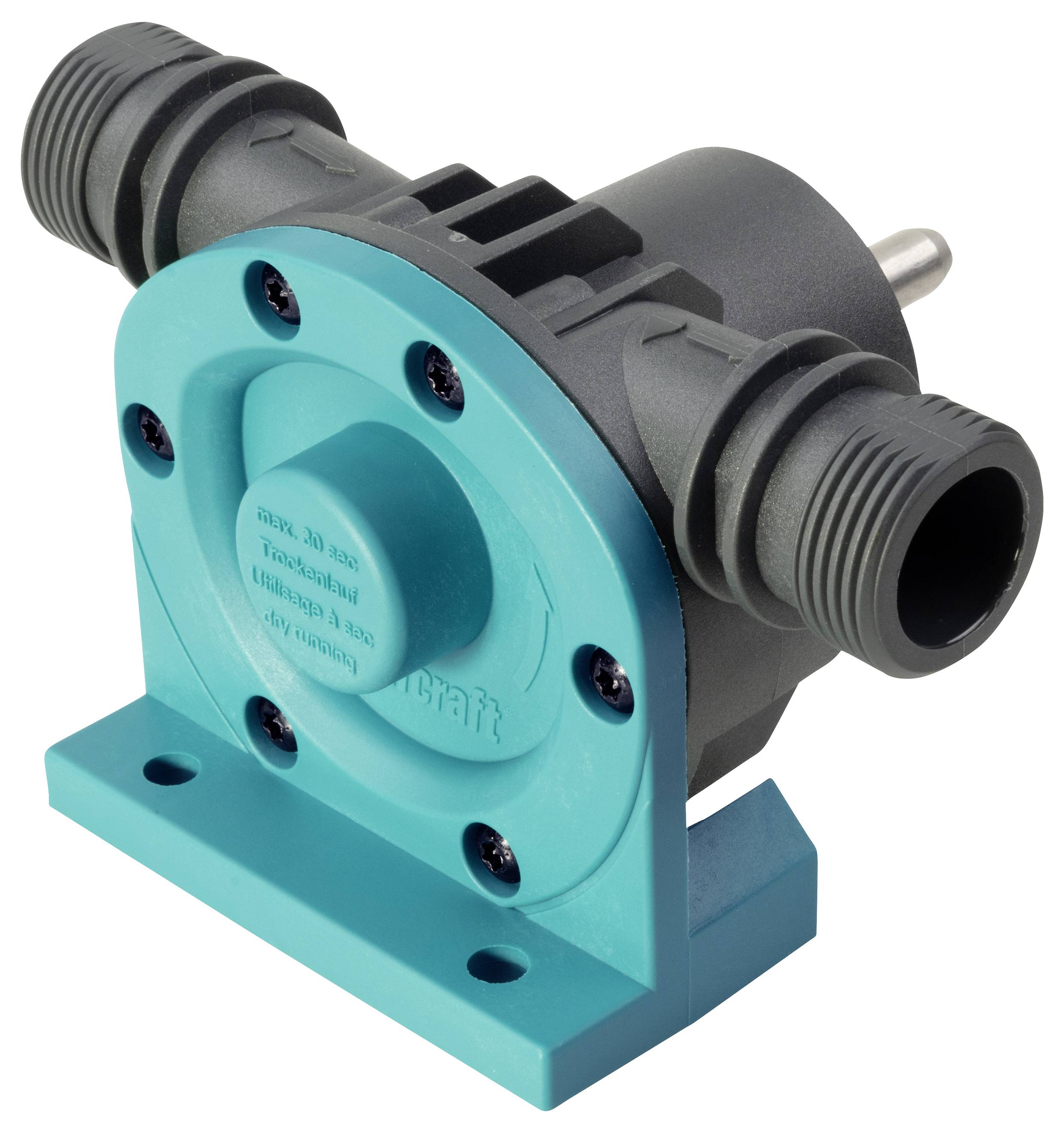 Teal- und schwarze industrielle Pumpen- oder Ventilbaugruppe mit Gewinde-Ein- und Ausgangsanschlüssen auf weißem Hintergrund.