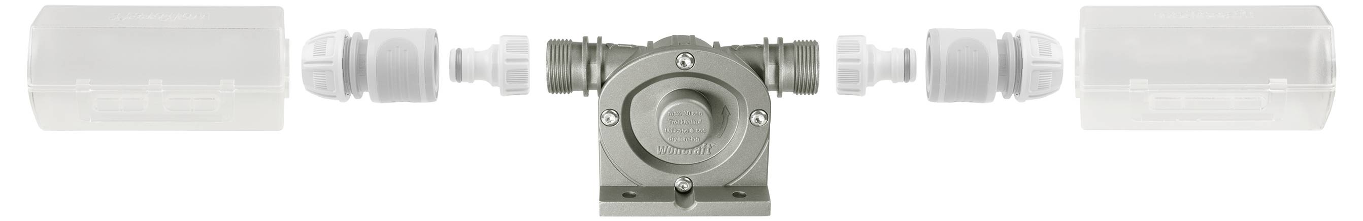 Zentrierter schwarzer mechanischer Stecker mit zylindrischen Enden, die nach links und rechts auf weißem Hintergrund verlängert sind.