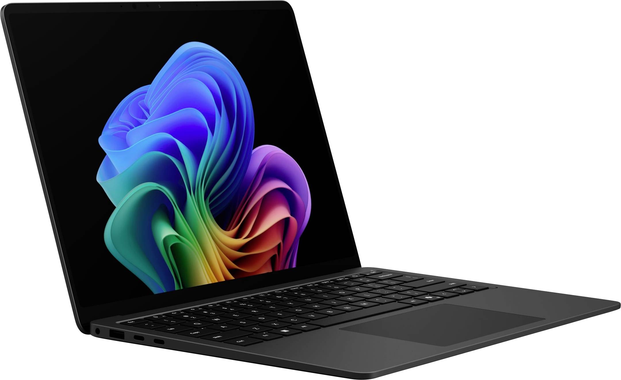 Schwarzer Laptop mit buntem abstraktem Blumenmotiv auf dem Bildschirm, schräg geöffnet auf weißem Hintergrund gezeigt.