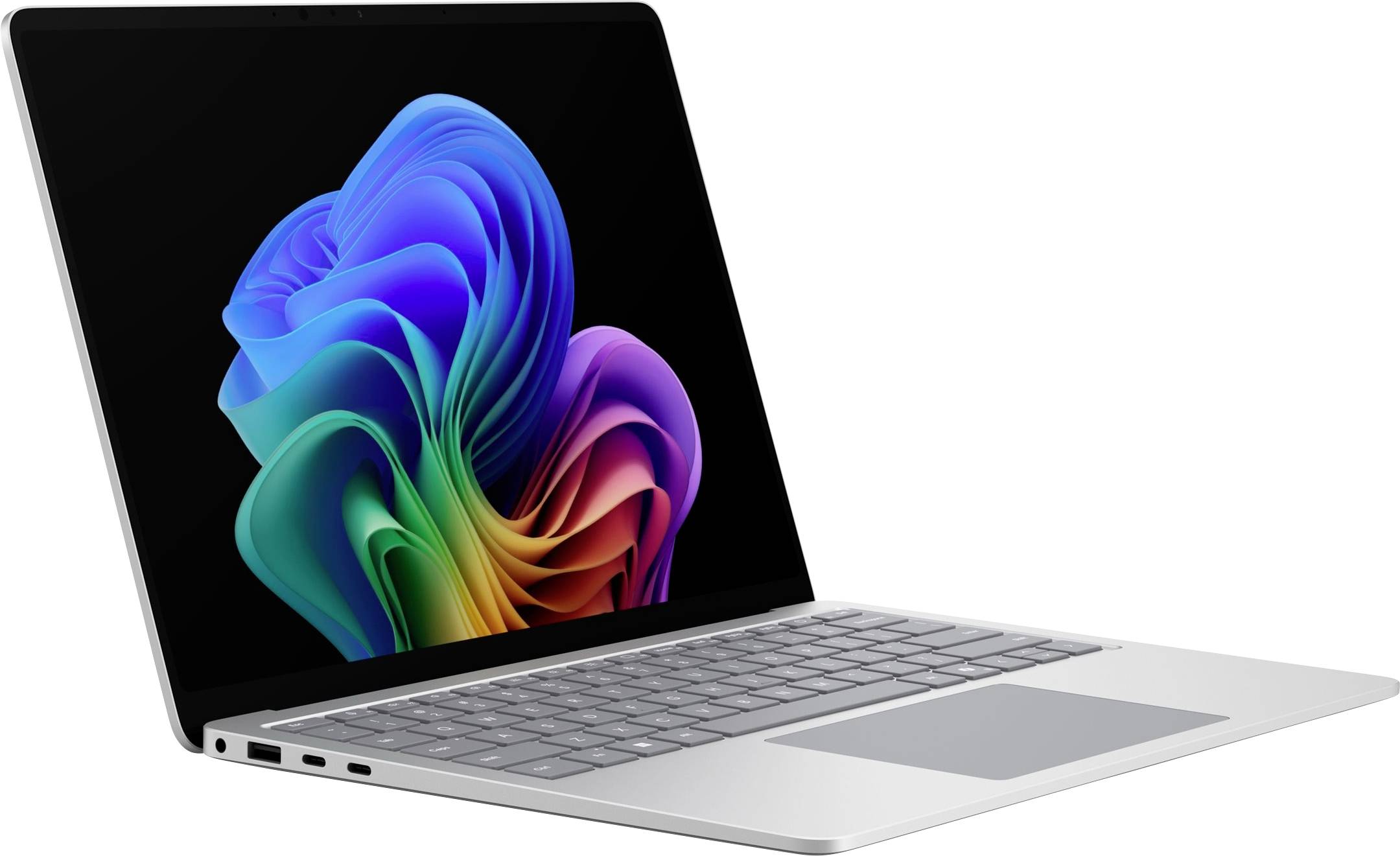Silberner Laptop im Winkel geöffnet, zeigt eine bunte abstrakte blumenähnliche Tapete auf dem Bildschirm.