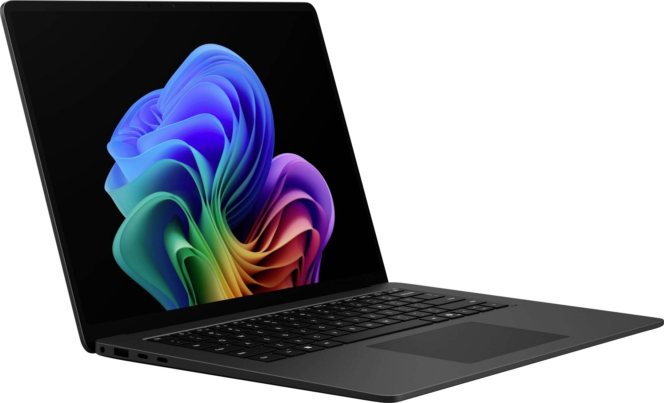 Schwarzer Laptop in einem Winkel geöffnet, zeigt ein buntes abstraktes blumenähnliches Hintergrundbild auf dem Bildschirm.