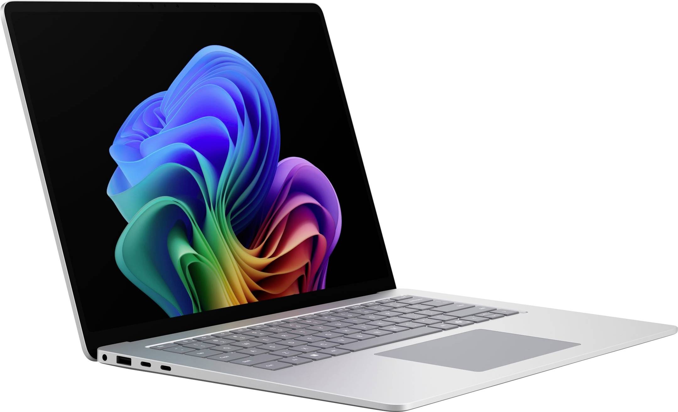 Silberner Laptop mit schwarzem Bildschirm, auf dem ein buntes, abstraktes blumenähnliches Hintergrundbild angezeigt wird, aufgeklappt vor weißem Hintergrund.