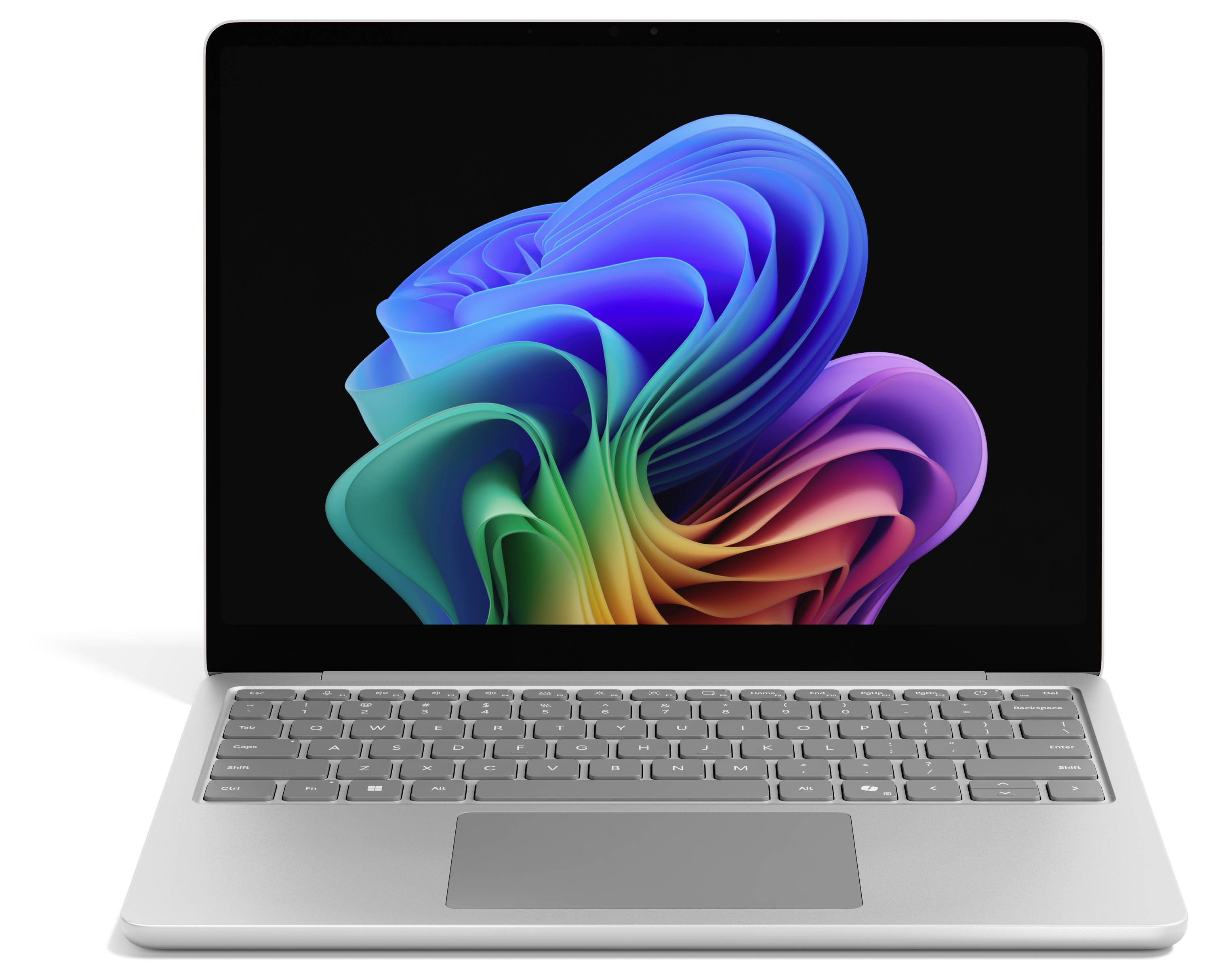 Vorderansicht eines silbernen Laptops mit einer grauen Tastatur und einem farbenfrohen abstrakten Wirbel-Hintergrund auf dem Bildschirm.