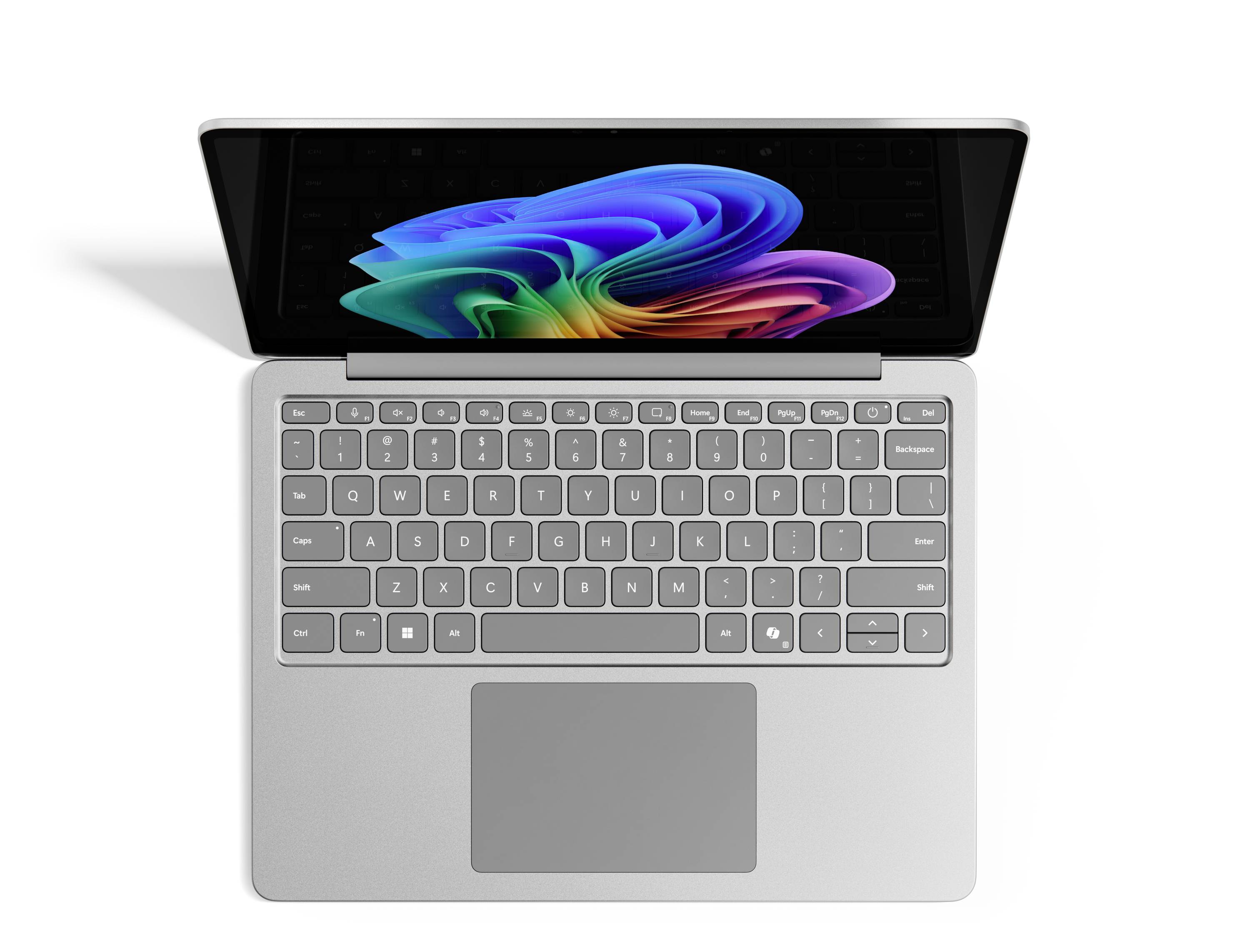 Draufsicht auf einen silbernen Laptop mit geöffnetem Bildschirm, auf dem ein buntes abstraktes Wirbel-Hintergrundbild angezeigt wird, sowie eine graue Tastatur und ein graues Trackpad.