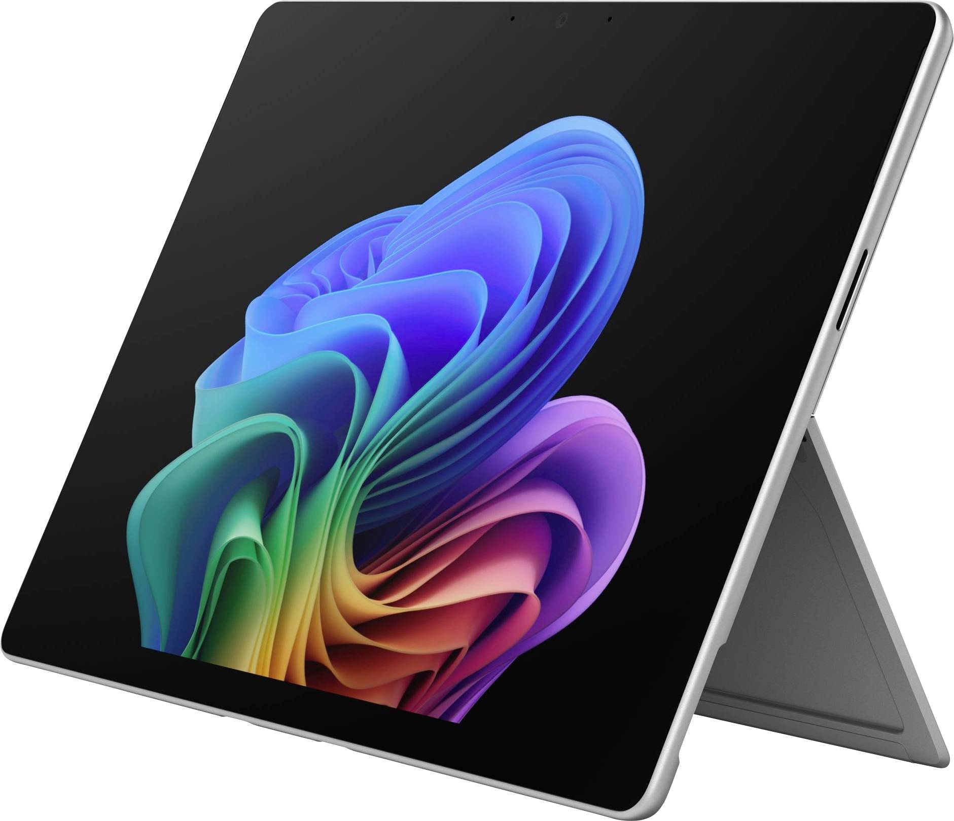 Ein Tablet mit einer farbenfrohen abstrakten Wirbelmuster-Tapete auf einem schwarzen Bildschirm, dargestellt in einem silbernen Ständeretui in schräger Position.