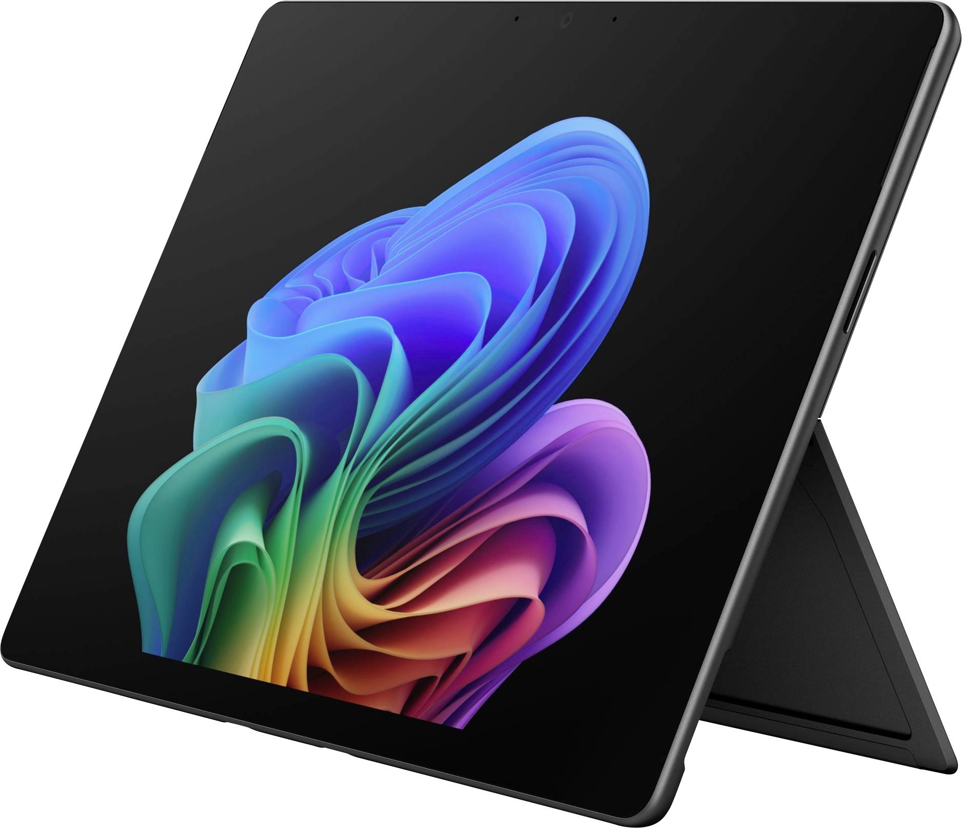 Schwarzes Tablet in einem Klapputständer, in schräger Perspektive dargestellt, mit einem farbenfrohen abstrakten Blumenhintergrundbild auf dem Bildschirm.
