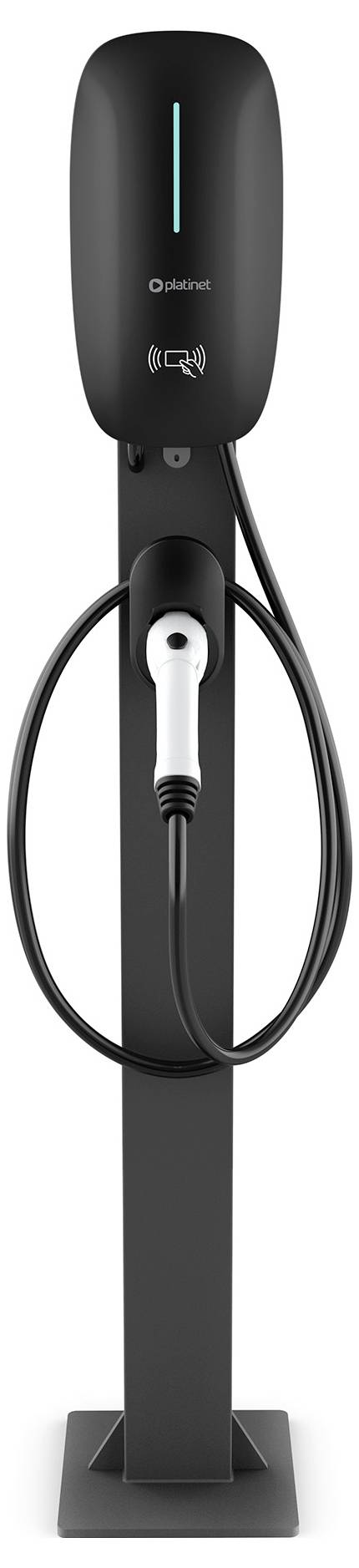 Wandmontierte Elektrofahrzeug-Ladestation mit eingestecktem Stecker und aufgerolltem Kabel, dargestellt auf einem Sockelsockel.