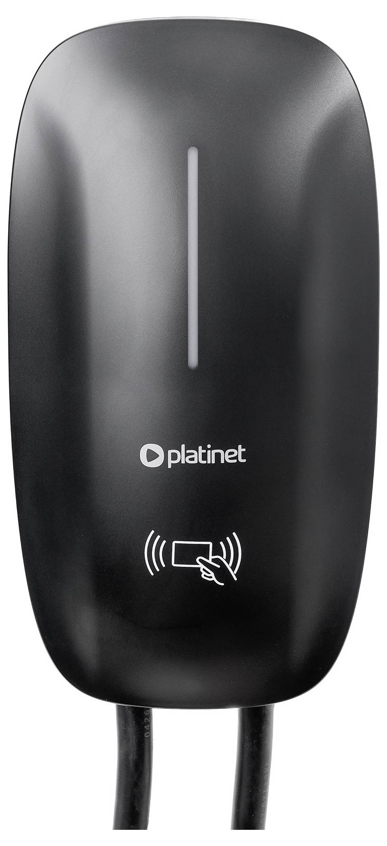 Schwarzes Platinet USB-Gerät mit einer einzelnen vertikalen Anzeigelampe und dem Symbol für Tap-to-Connect Wireless/NFC, dargestellt mit angeschlossenem Kabel.