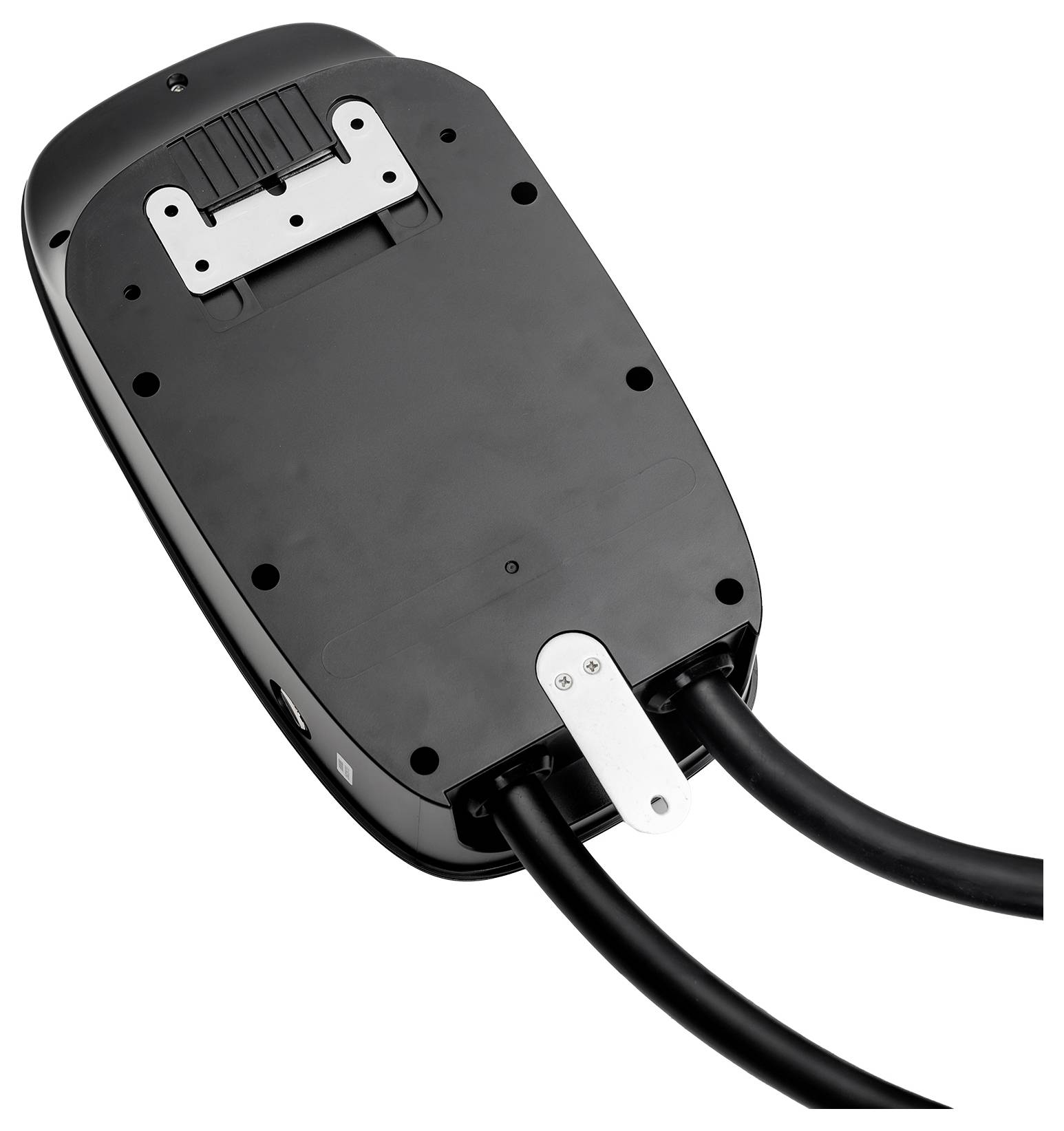 Unterseite eines schwarzen elektronischen Geräts mit Befestigungswinkeln und zwei Kabeln, die an einem Ende austreten.