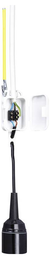 Weiße elektrische Leuchte mit freigelegten Drähten und transparenter Abdeckung, die einen montierten schwarzen Sensor oder eine Lampenfassung mit baumelndem Kabel darunter zeigt.