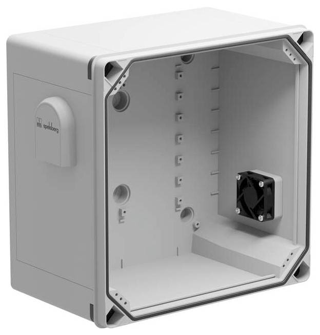 Offener grauer elektrischer Schaltschrank mit entfernter Tür, zeigt leeres Inneres, Montagepunkte und einen kleinen Lüfter auf der rechten Seite.