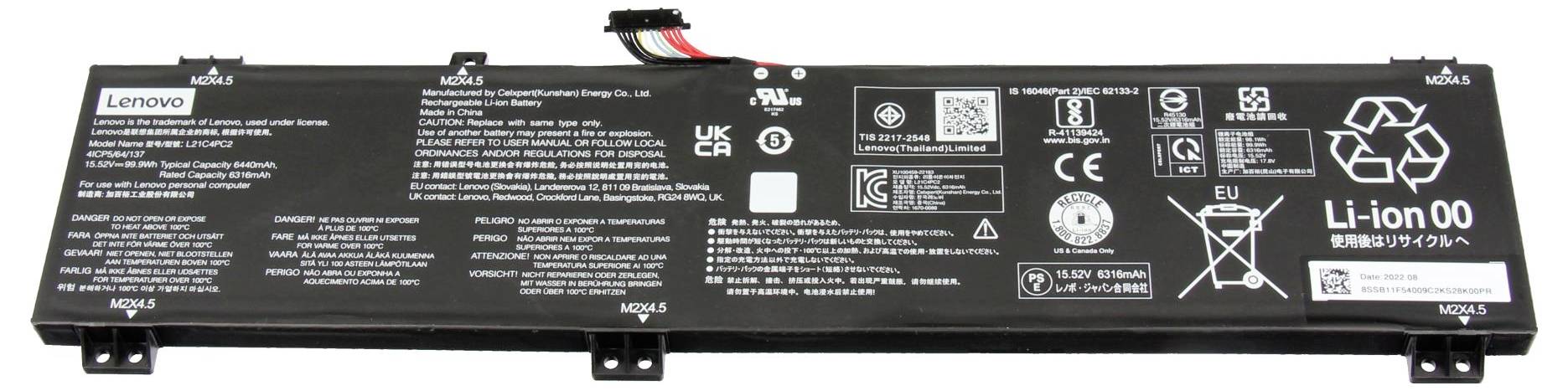 Lenovo Laptop-Akku-Pack-Etikett mit Li-Ion 00, Behördensymbolen, Strichcodes und Sicherheitsinformationen auf einem schwarzen Akkugehäuse.