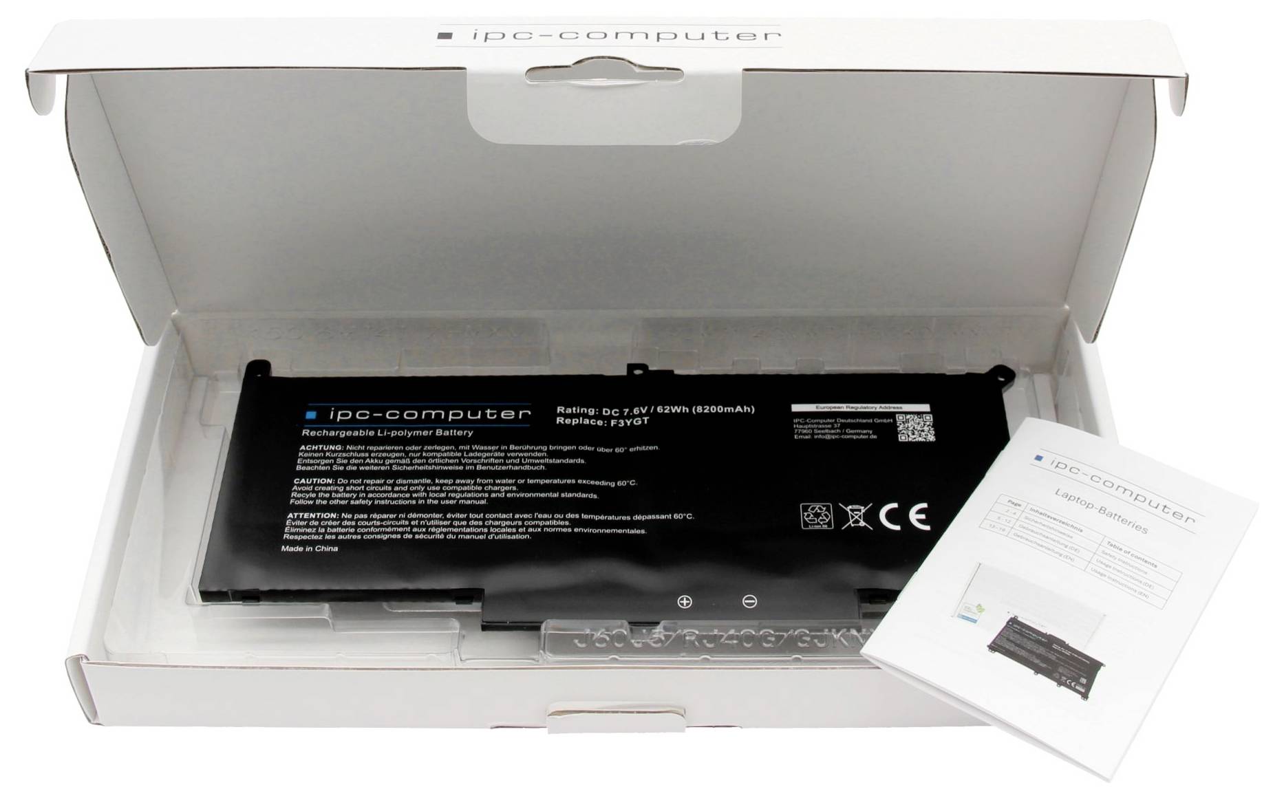 Offene Schachtel mit einem IPC-Computer-Ersatzbatteriepaket und Anleitungsbroschüre.