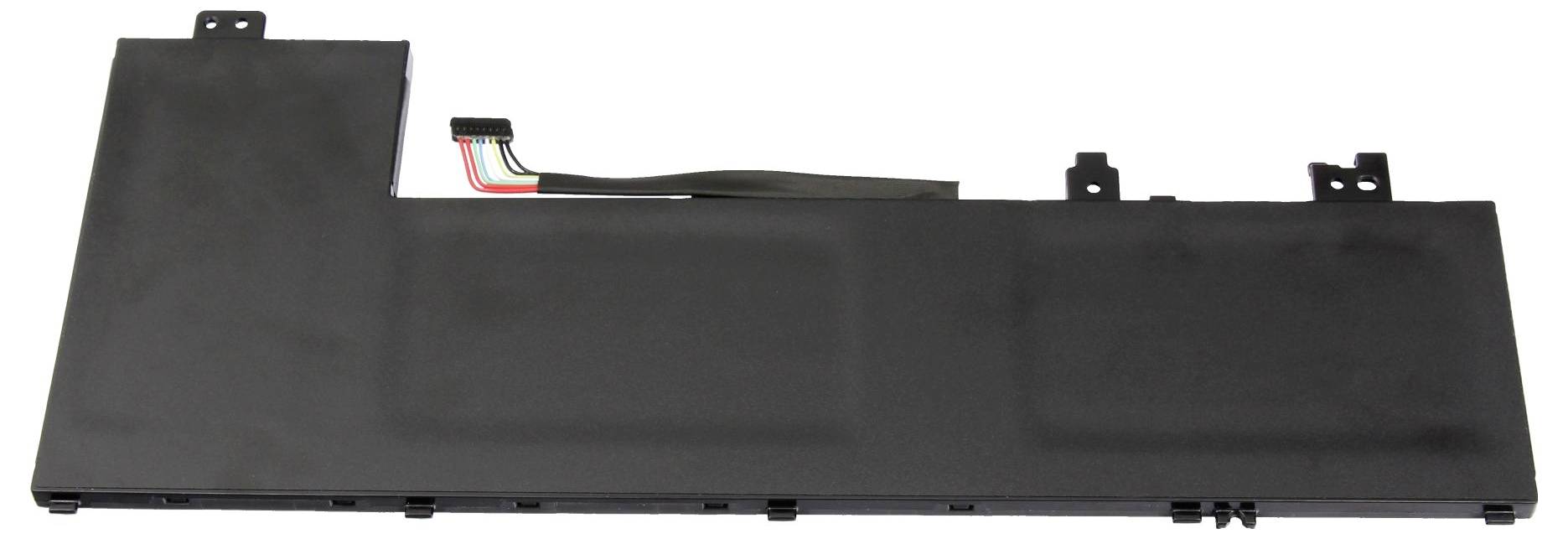 Schwarzes rechteckiges Laptop-Akkupaket mit Steckerkabeln und Befestigungslaschen, auf weißem Hintergrund dargestellt.