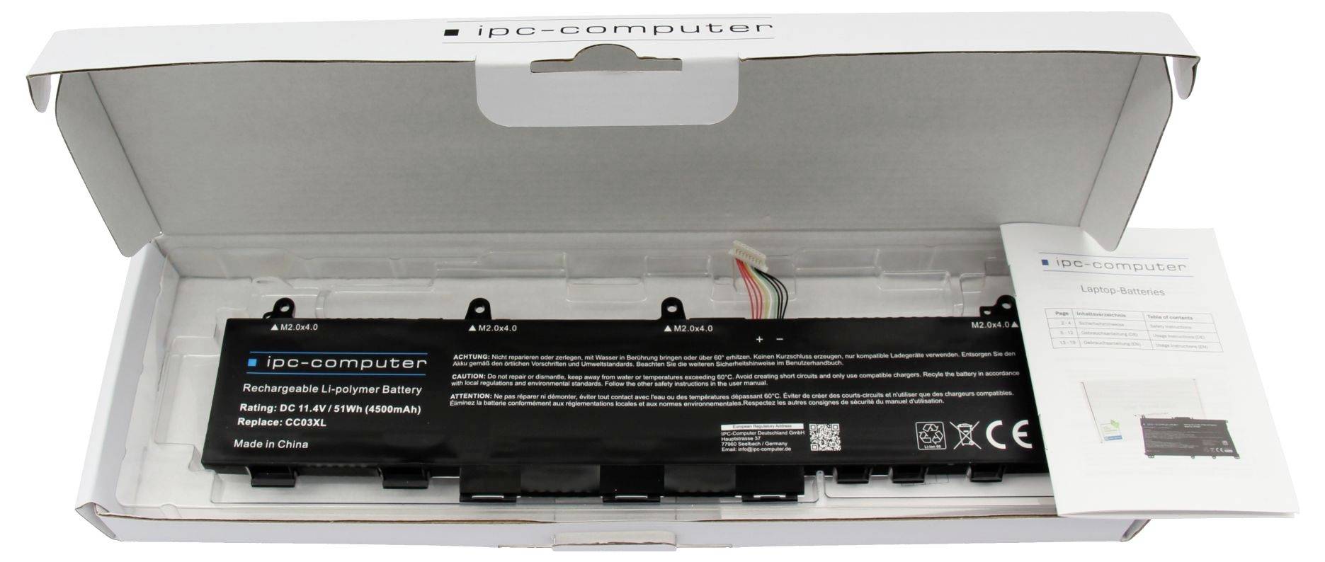 Laptop-Akku in einer weißen Einzelhandelsbox mit der Bezeichnung 'iPO-computer', mit einem Produkteinsatz auf der rechten Seite.