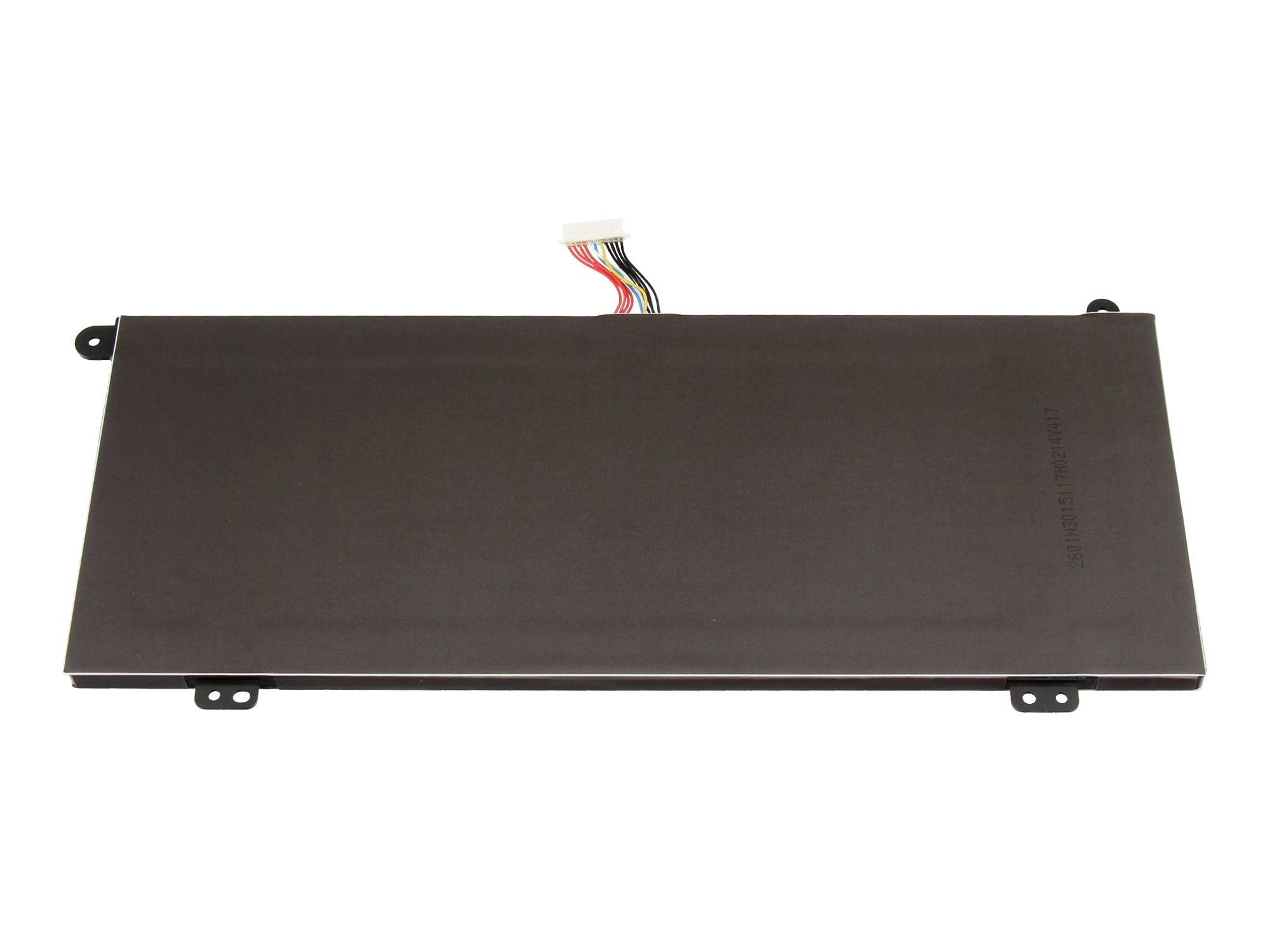 Schwarzes rechteckiges elektronisches Batteriepaket mit Befestigungslaschen und einem mehrfarbigen Steckverbinder oben