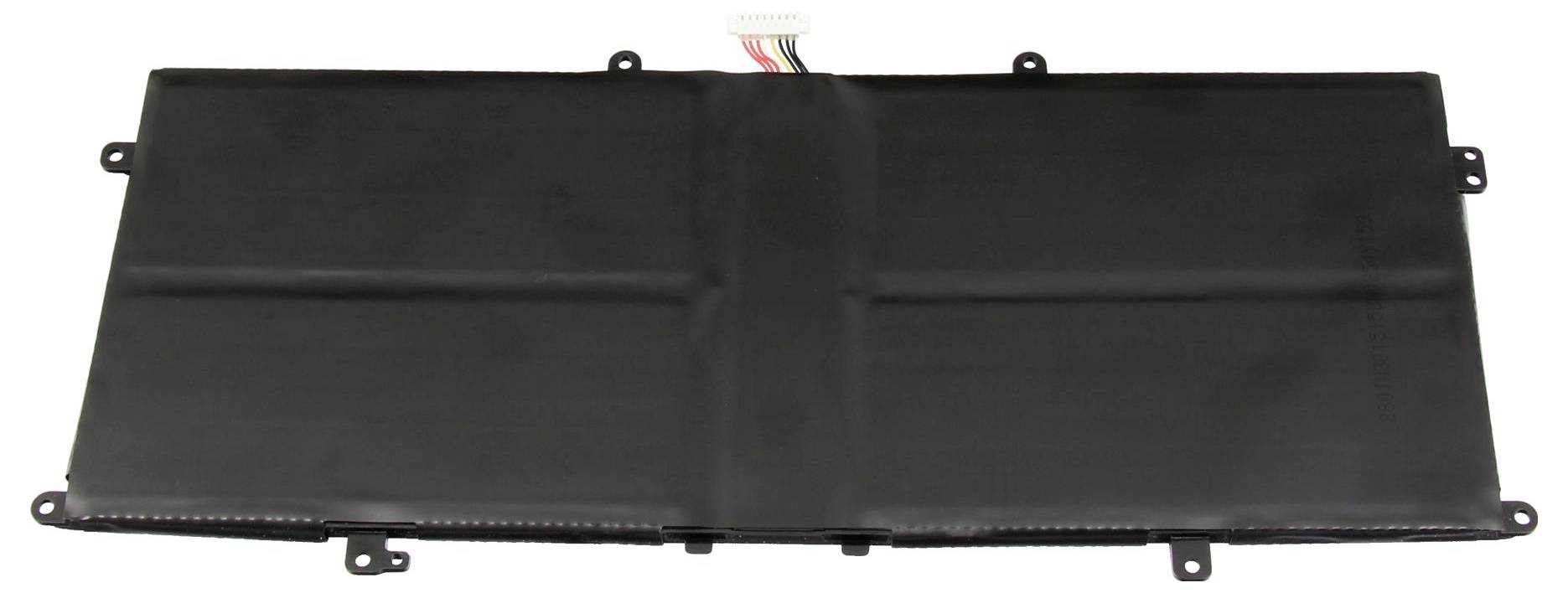 Schwarzes rechteckiges Batteriepack oder Schutzabdeckung mit Montagelaschen und Anschlussleitungen, dargestellt auf weißem Hintergrund.