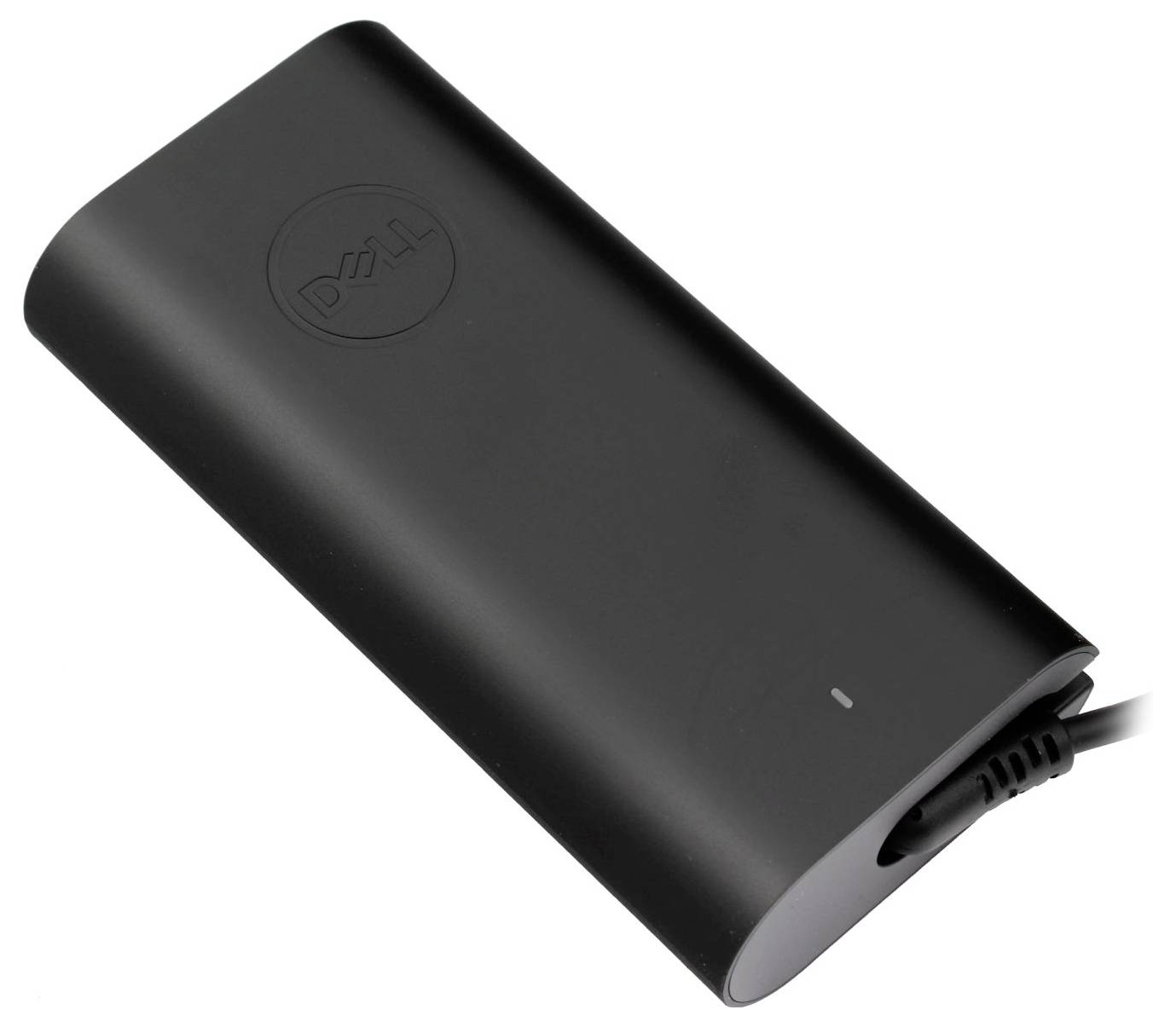 Schwarze Dell tragbare externe Batterie mit angeschlossenem Stromkabel auf weißem Hintergrund.