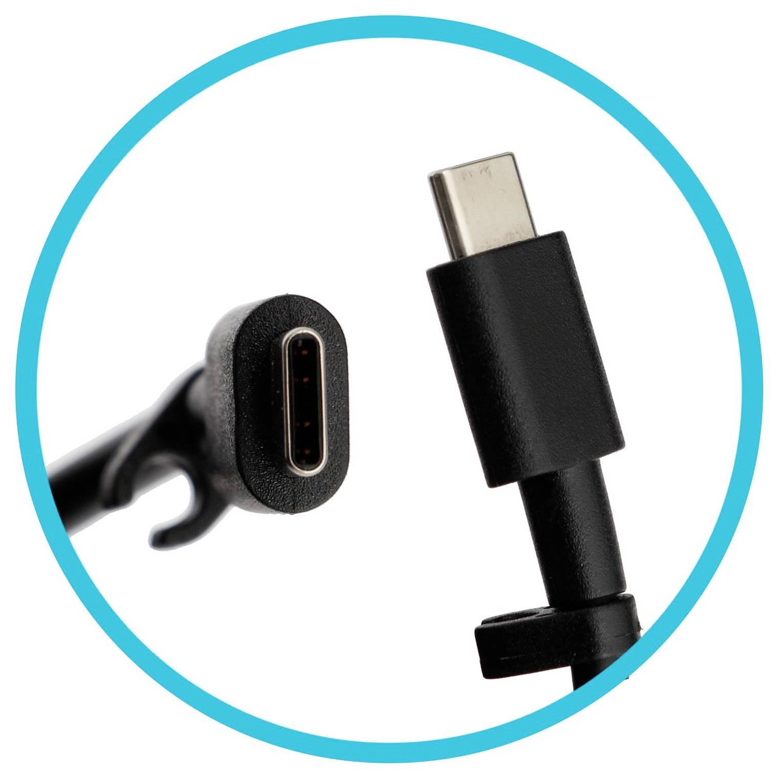Nahaufnahme von zwei USB-C-Kabelenden, ein weiblicher Stecker auf der linken Seite und ein männlicher Stecker auf der rechten Seite, dargestellt in einem blauen Kreis.