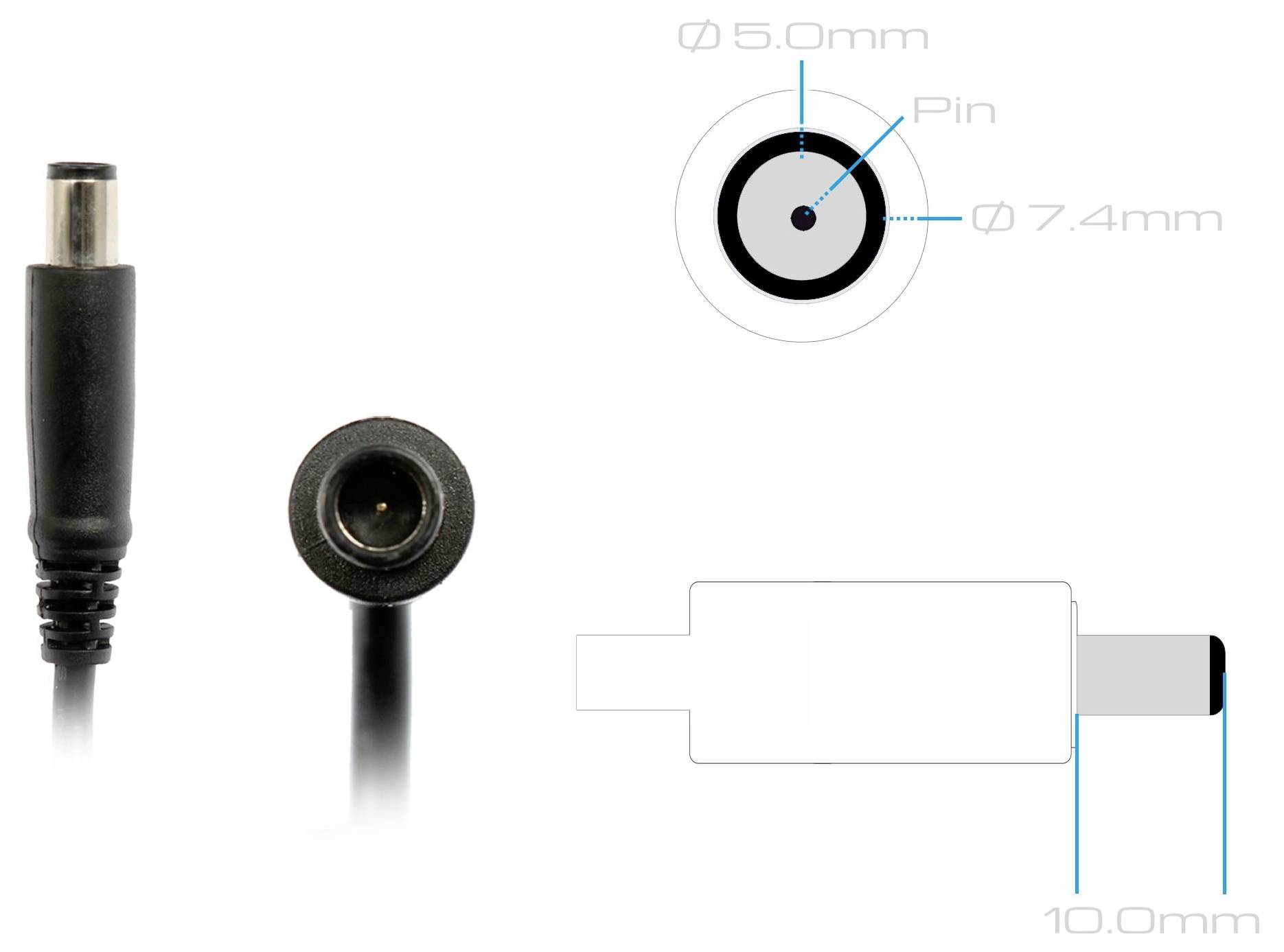 Schaltplan eines Gleichstrom-Hohlsteckers mit Stecker und Buchse, mit beschrifteten Abmessungen 5,0 mm, 7,4 mm, Kontaktstift und 10,0 mm Länge.
