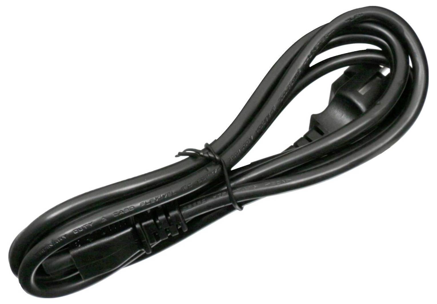 Schwarzes aufgewickeltes Stromkabel mit geformtem Stecker und Anschluss auf weißem Hintergrund.