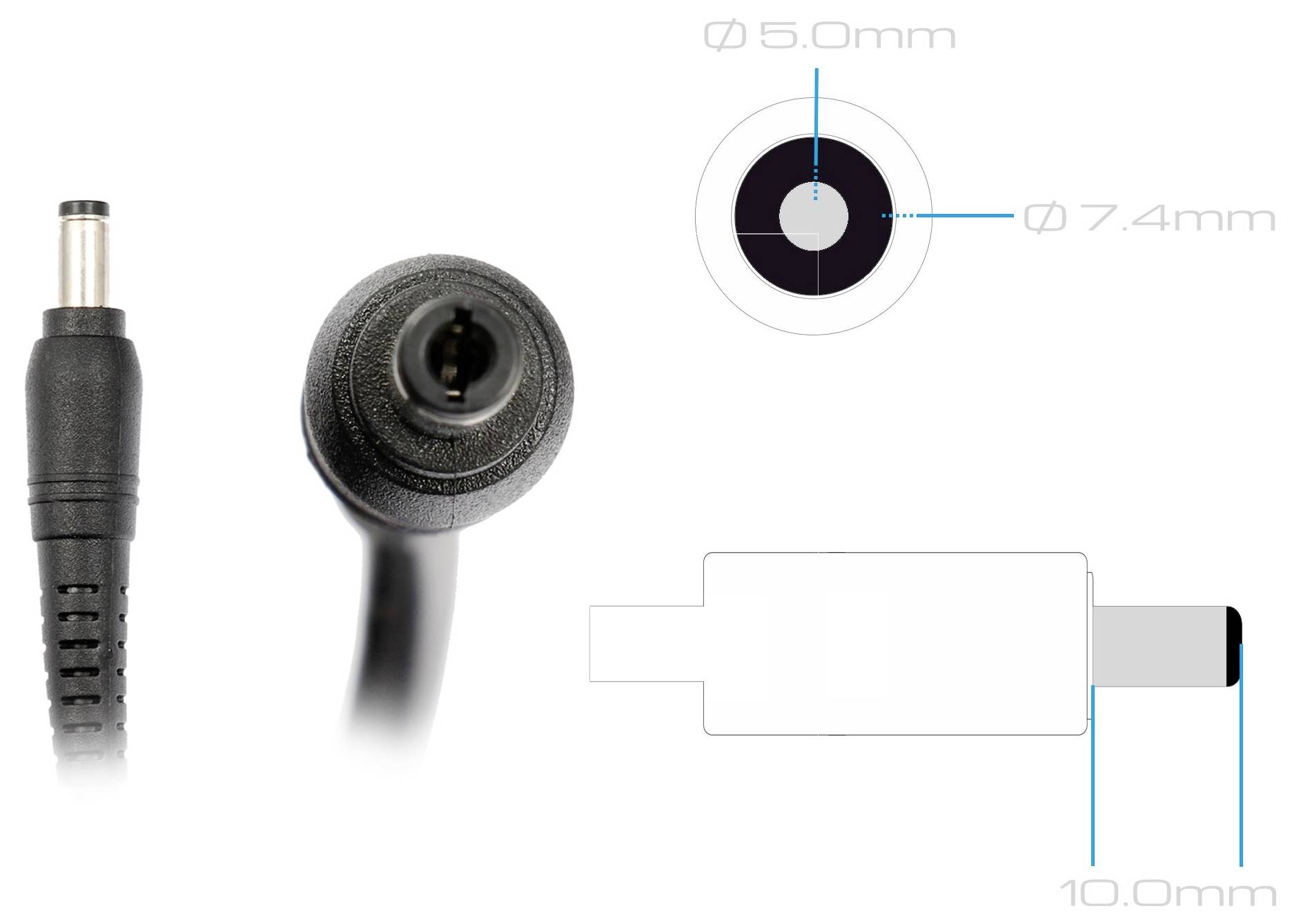 Diagramm eines DC-Stromstecker-Hohlsteckers mit beschrifteten Abmessungen von 5,0 mm Innendurchmesser, 7,4 mm Außendurchmesser und 10,0 mm Länge.