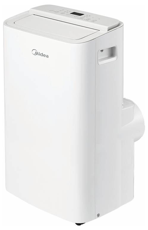 Weiße tragbare Klimaanlage oder Entfeuchter von Midea mit Bedienfeld oben und seitlichem Lüftungsschlitz, dargestellt auf weißem Hintergrund.