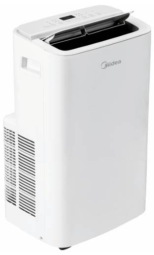 Tragbares Klimagerät von Midea in Weiß mit Bedienelementen oben und Lüftungsgitter an der Seite, gezeigt auf weißem Hintergrund.