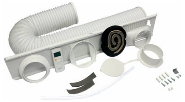 HVAC-Lüftungskit mit flexiblem weißem Kanal, Wandlüftungspanel, runden Adaptern, Steuergerät, Schellen und Montagezubehör auf weißem Hintergrund angeordnet.