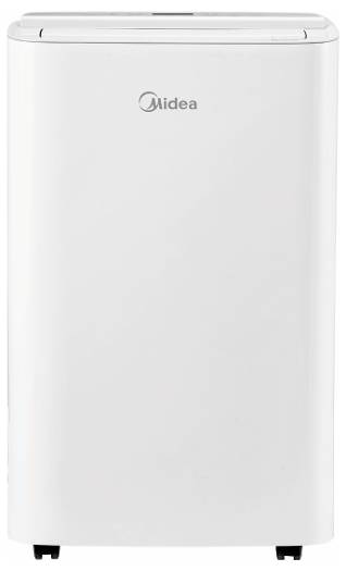 Weißes tragbares Klimagerät von Midea mit Bedienfeld oben, Vorderansicht auf Rollen dargestellt.