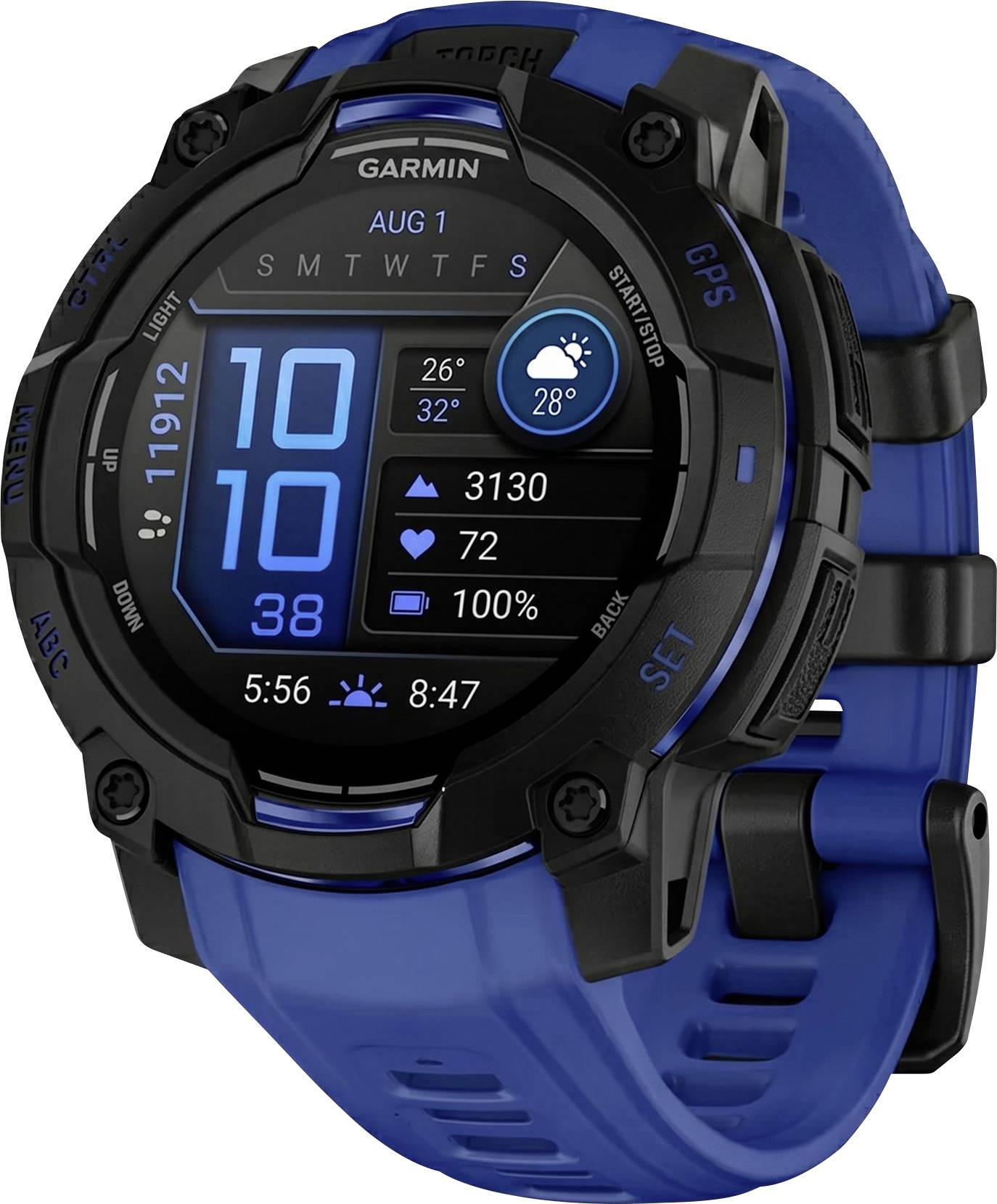 Schwarze Garmin-Smartwatch mit blauem Armband, die digitale Uhrzeit, Wetter, Schritte, Herzfrequenz, Akkuladestand und Sonnenaufgangs-/Sonnenuntergangszeiten auf dem Bildschirm anzeigt.