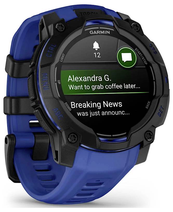 Garmin-Smartwatch mit blauem Armband, das Benachrichtigungen anzeigt: 