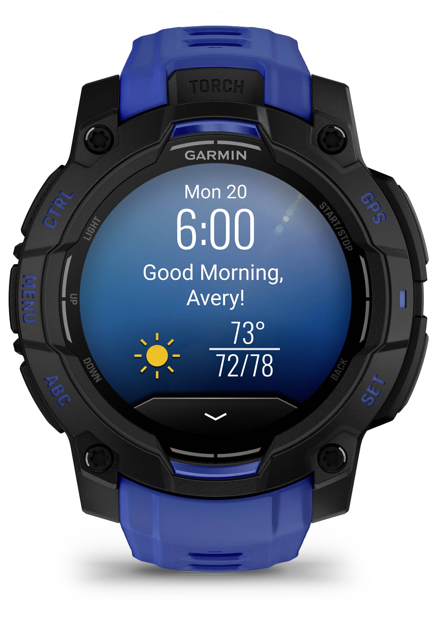 Garmin-Smartwatch zeigt 6:00 Uhr, Mo 20, „Guten Morgen, Avery!