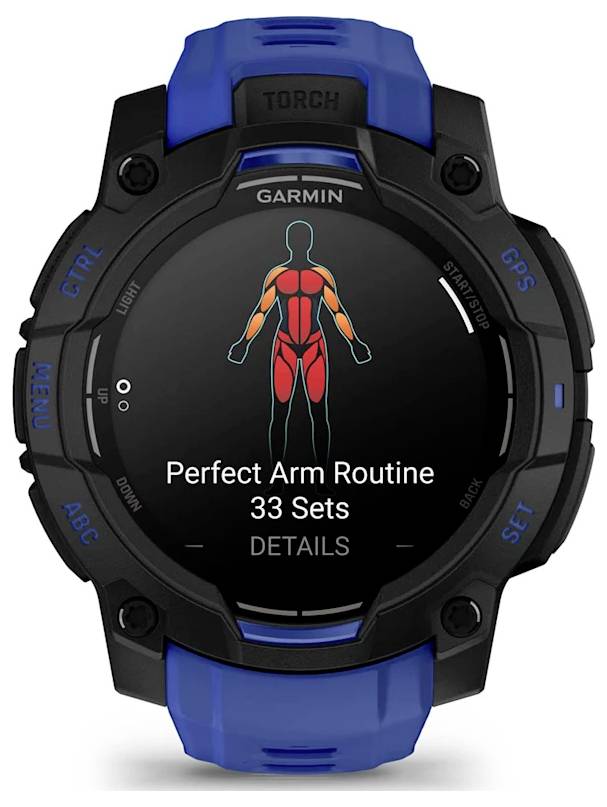 Garmin-Smartwatch-Bildschirm mit einer Workout-App, auf der eine menschliche Figur sowie der Text „Perfect Arm Routine