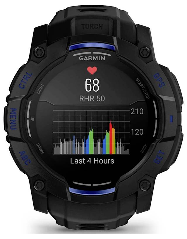 Garmin-Smartwatch mit Herzfrequenzanzeige 68 Schläge pro Minute mit einem 4-Stunden-Graphen und Steuerelementen auf der Lünette mit den Beschriftungen MENÜ, GPS, EINSTELLEN und ABC.